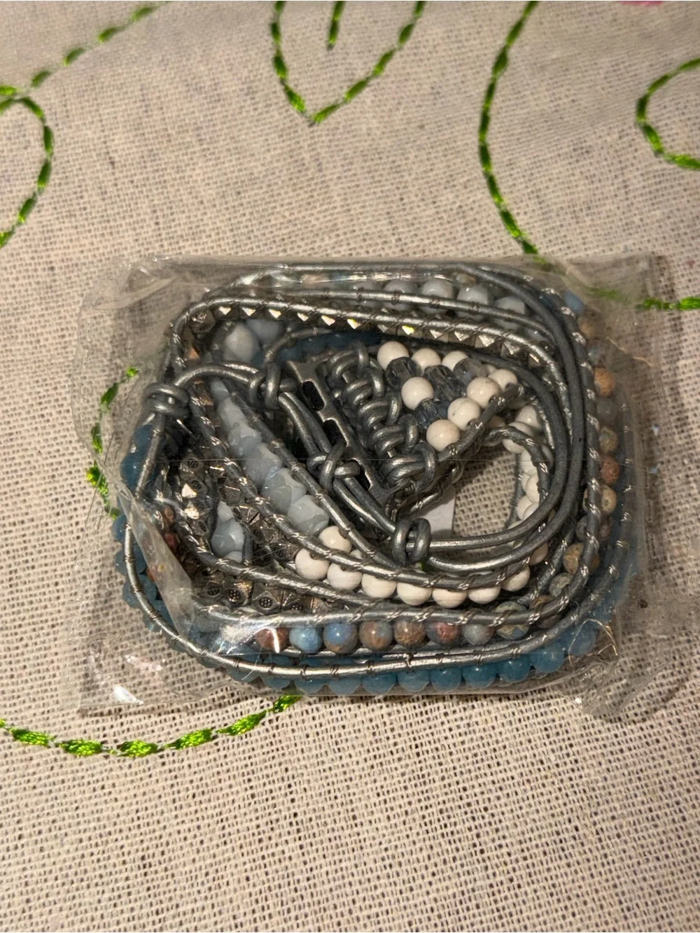 Silver and Multi Blue and White Multi-Strand Beaded Wrap Strap for iPhone